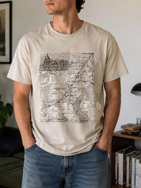 Britches Beige Graphic T-Shirt Size 3X Abstract Map Print Short Sleeve Cotton